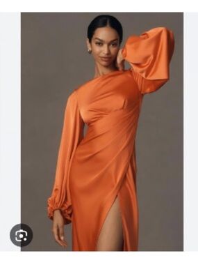 Significant Other One-Shoulder Orange Satin Gown with Dramatic Sleeve